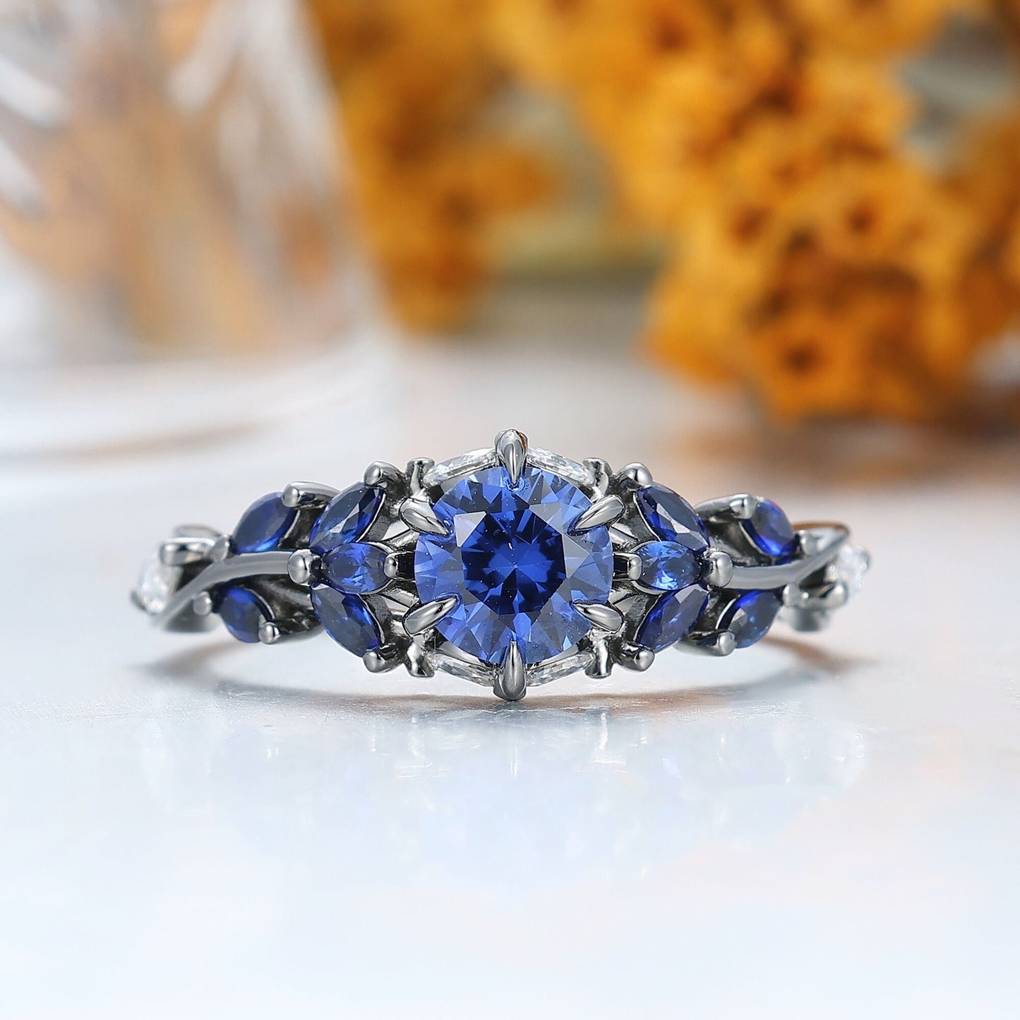 Unique Sapphire Sprigs His And Hers Matching Ring Blue Polished Dome Tungsten Rings For Couples