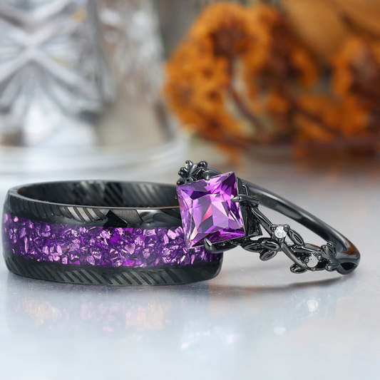 Princess Cut Natural Amethyst Leaf Engagement Couples Ring Set Anniversary Wedding Band