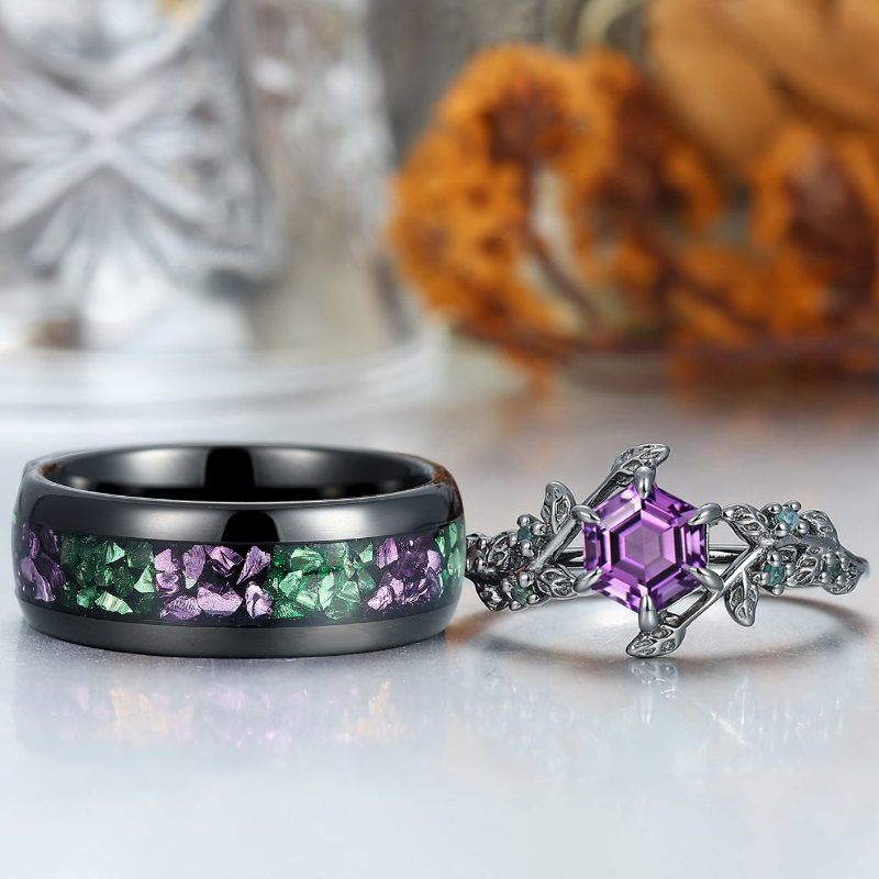 Stylish Natural Engagement Amethyst Twig Couple Rings Matching Tungsten Ring For Men And Women
