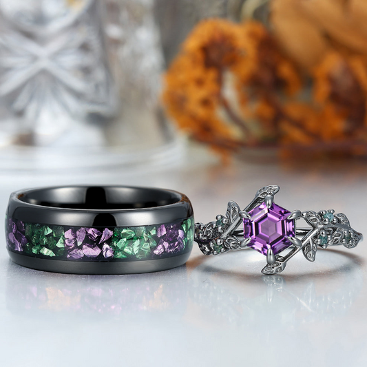 Stylish Natural Engagement Amethyst Twig Couple Rings Matching Tungsten Ring For Men And Women
