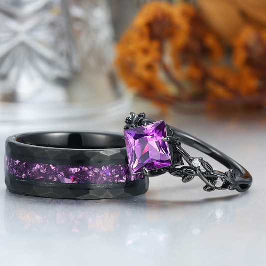 Exquisite Natural Amethyst Leaves Engagement Couple Rings S925 And Tungsten Wedding Bands