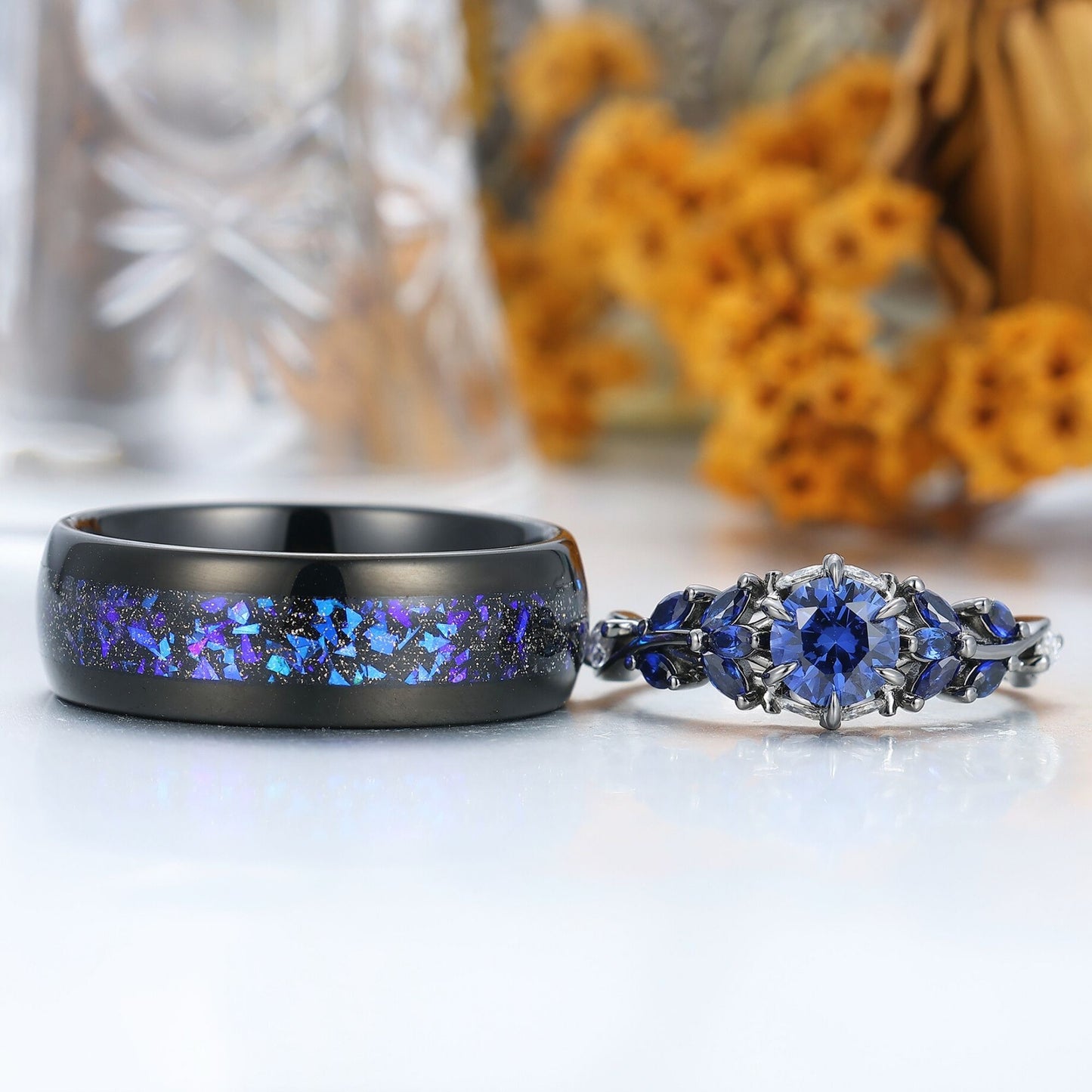 Unique Sapphire Sprigs His And Hers Matching Ring Blue Polished Dome Tungsten Rings For Couples
