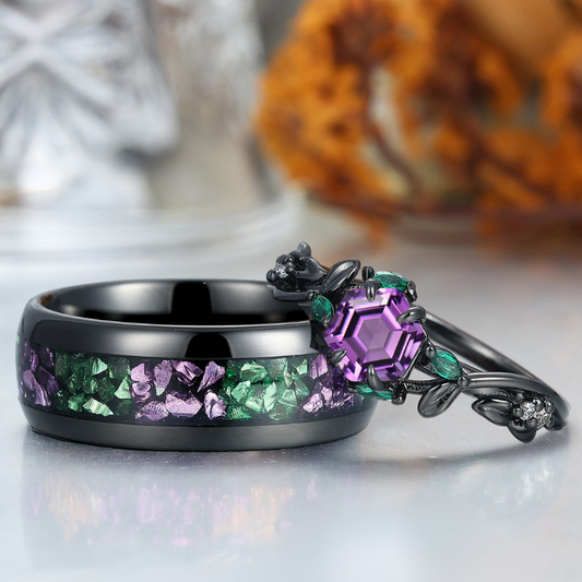 Gorgeous Natural Amethyst Leaf-inspired His And Hers Wedding Bands Purple And Green Couple Rings