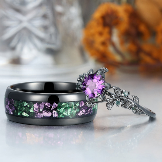 Stylish Natural Engagement Amethyst Twig Couple Rings Matching Tungsten Ring For Men And Women