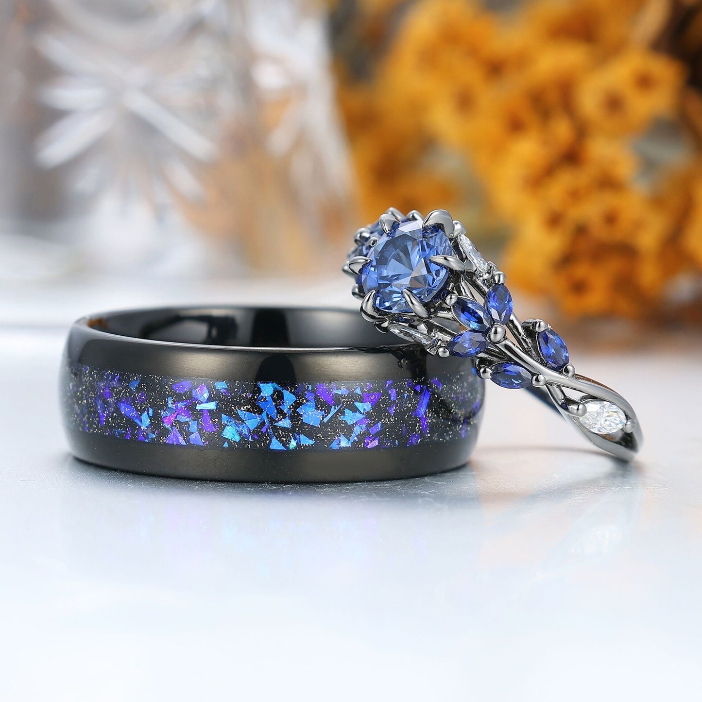 Unique Sapphire Sprigs His And Hers Matching Ring Blue Polished Dome Tungsten Rings For Couples