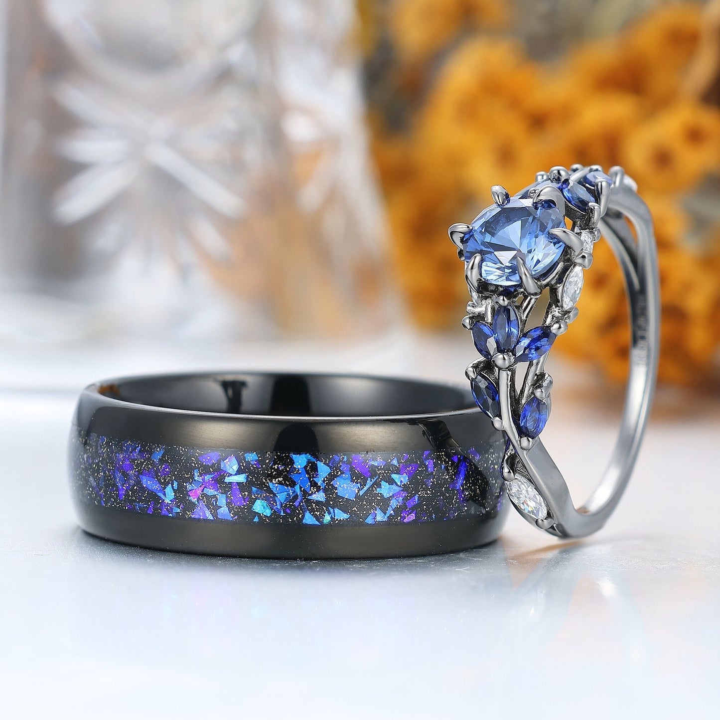 Unique Sapphire Sprigs His And Hers Matching Ring Blue Polished Dome Tungsten Rings For Couples