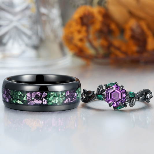 Gorgeous Natural Amethyst Leaf-inspired His And Hers Wedding Bands Purple And Green Couple Rings