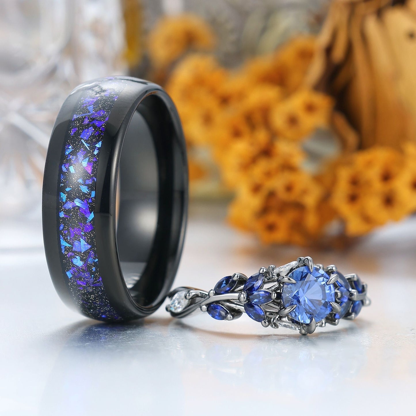 Unique Sapphire Sprigs His And Hers Matching Ring Blue Polished Dome Tungsten Rings For Couples