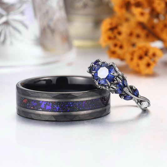 Gorgeous Blue Sapphire Stem Couples Ring Modern Blue Tungsten Couple's Set