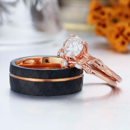 Exquisite Moissanite Branch Leaf Design Couples Ring Set His And Hers Moissanite Rings