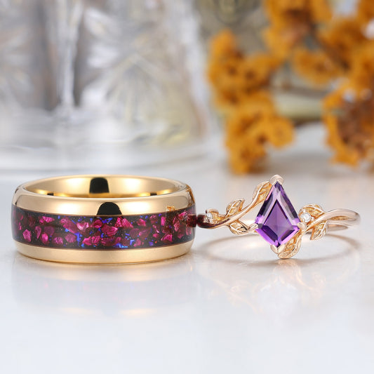 Vintage Kite Cut Amethyst Nature Inspired His And Hers Ring Purple Amethyst Couples Ring