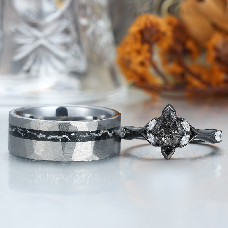 Dainty Black Rutilated Quartz His And Hers Wedding Bands Promise Tungsten Matching Couple Rings