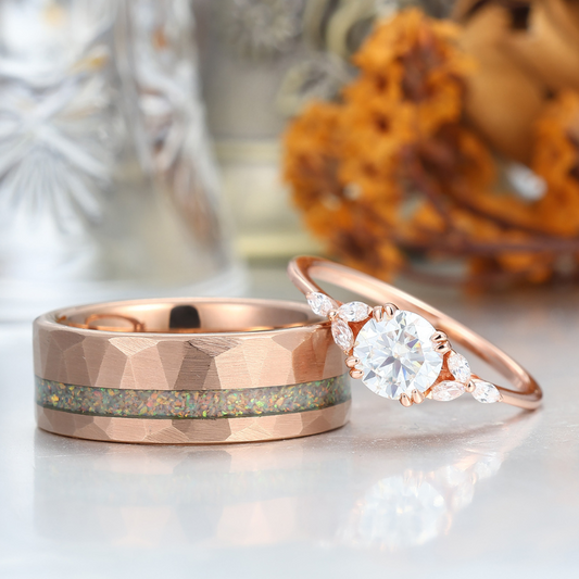 Minimalist Round Cut Moissanite Couples Ring Set S925 Gold Plated And Rhombic Tungsten Matching Ring