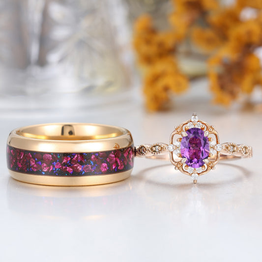 Retro Oval Natural Amethyst Filigreed Couple Ring Set Purple Amethyst Tungsten His And Hers Rings