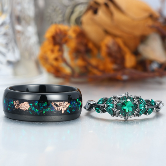 Emerald Engagement Couples Ring Set And Green Tungsten Matching Ring His and Hers Ring Set