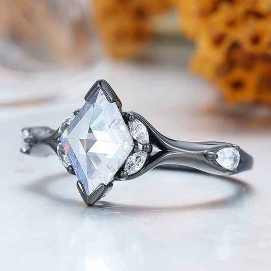 Art Deco Moissanite Sprig Engagement Ring Set in 925 Sterling Silver or 14K Gold