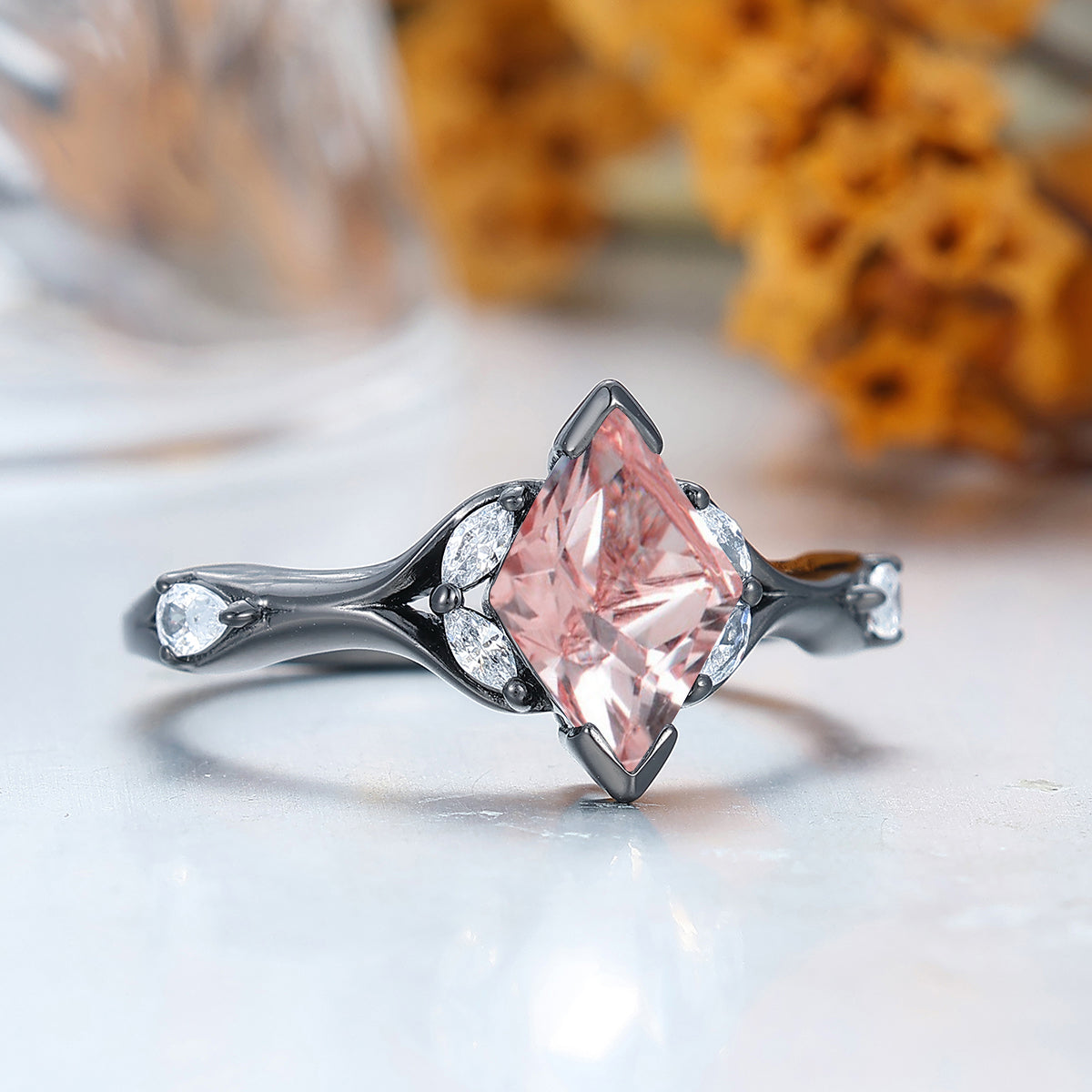 Art Deco Rhombus Cut Pink Morganite Engagement Ring Bridal Ring Women Birthday Ring