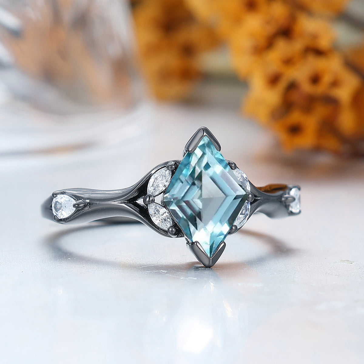 Unique Rhombus Cut Aquamarine Engagement Ring Curved Band Bridal Ring Solid Gold Women Ring