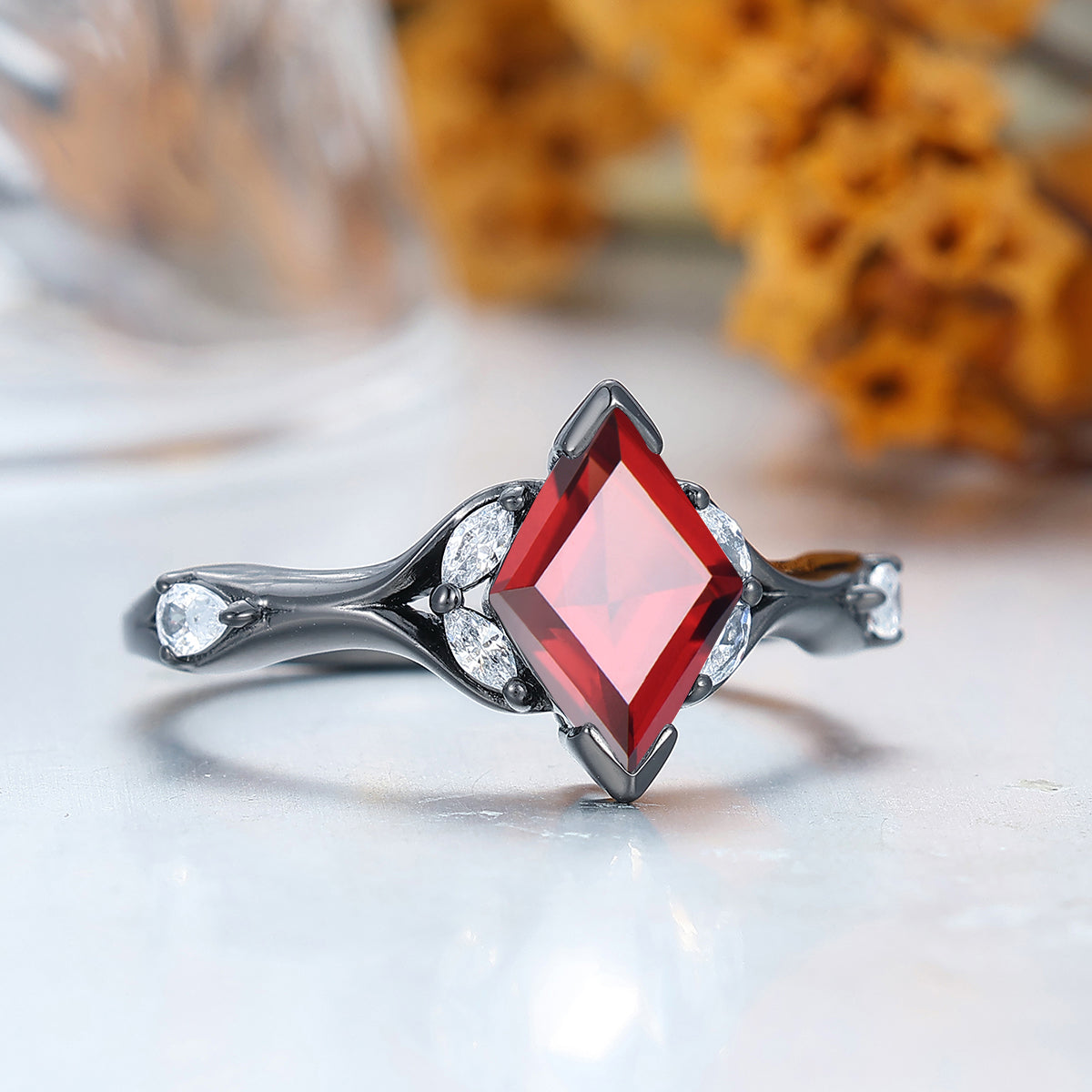 Art Deco Nature Red Garnet Sprig Engagement Ring Set in 925 Sterling Silver or 14K Gold