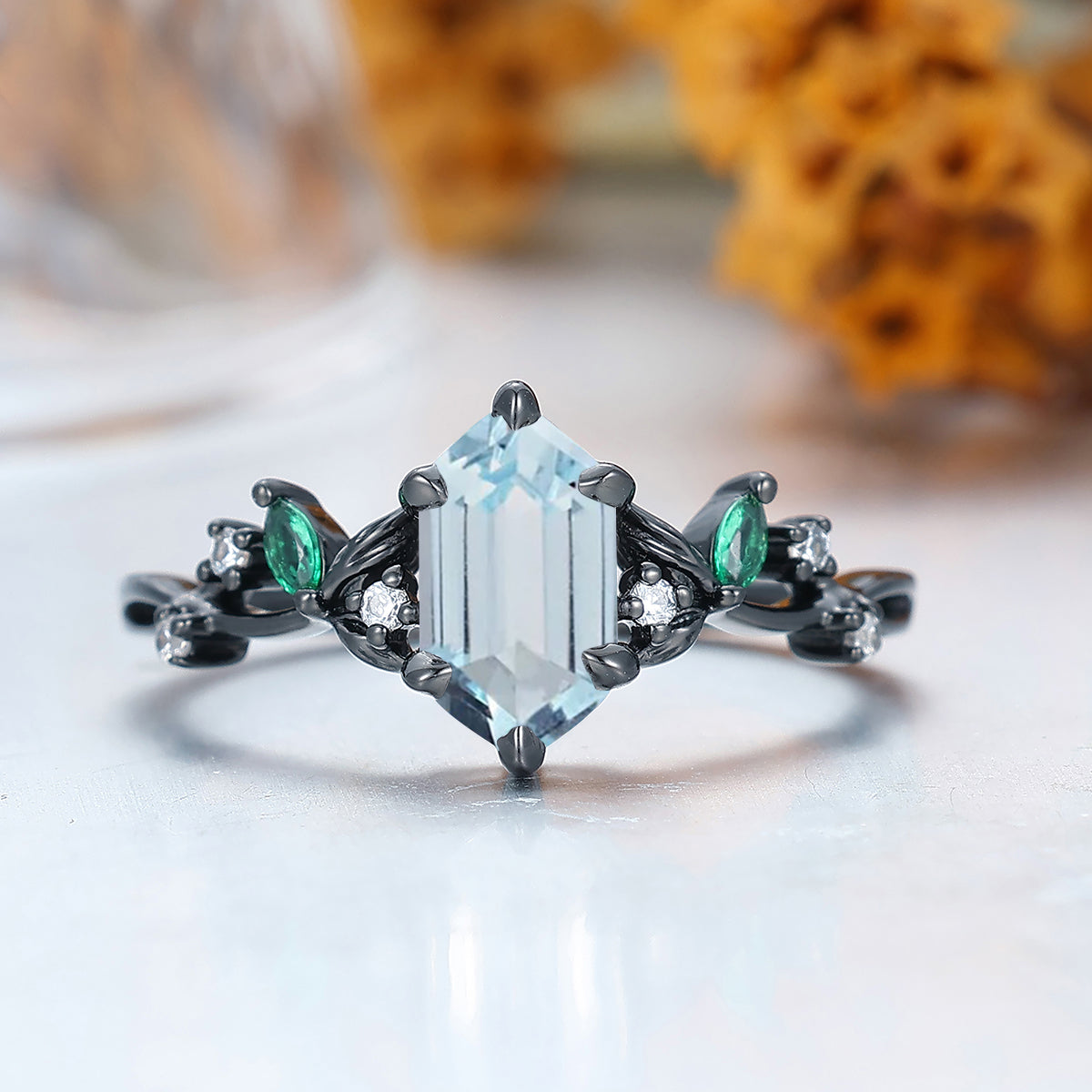 Art Deco Long Hexagon Cut Aquamarine Engagement Ring Leaf Twig Women Fine Ring