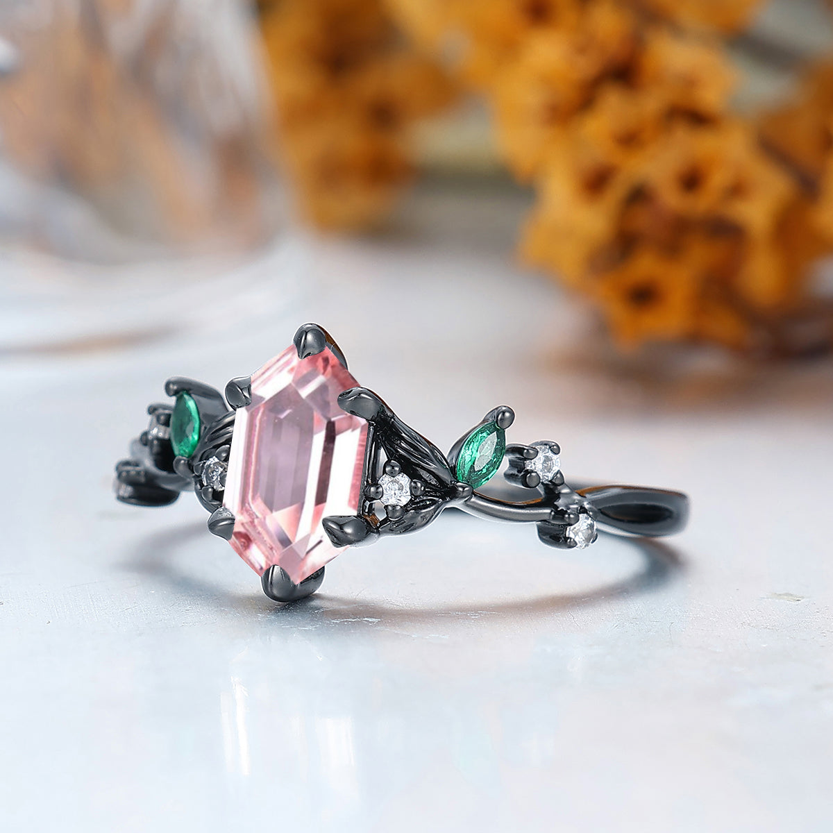 1.1CT Long Hexagon Pink Morganite Engagement Ring Nature Inspired Gold & 925 Sliver Women Ring