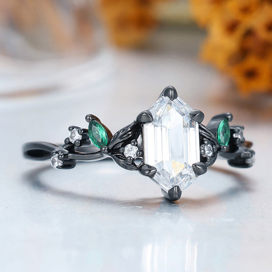 Unique 1.1 CT Long Hexagon Cut  Moissanite Art Deco Leaf Gold & 925 Sliver Engagement Ring