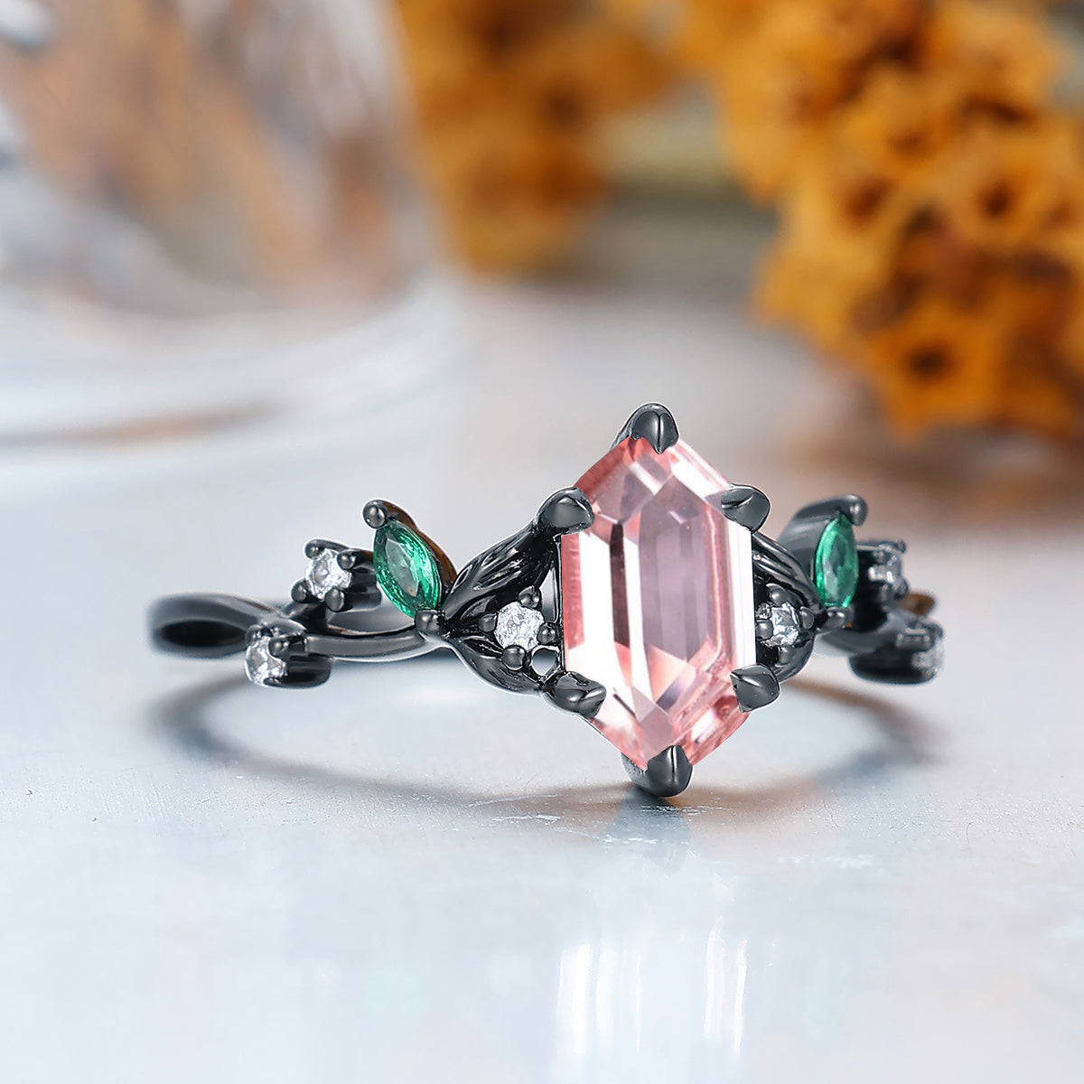 1.1CT Long Hexagon Pink Morganite Engagement Ring Nature Inspired Gold & 925 Sliver Women Ring