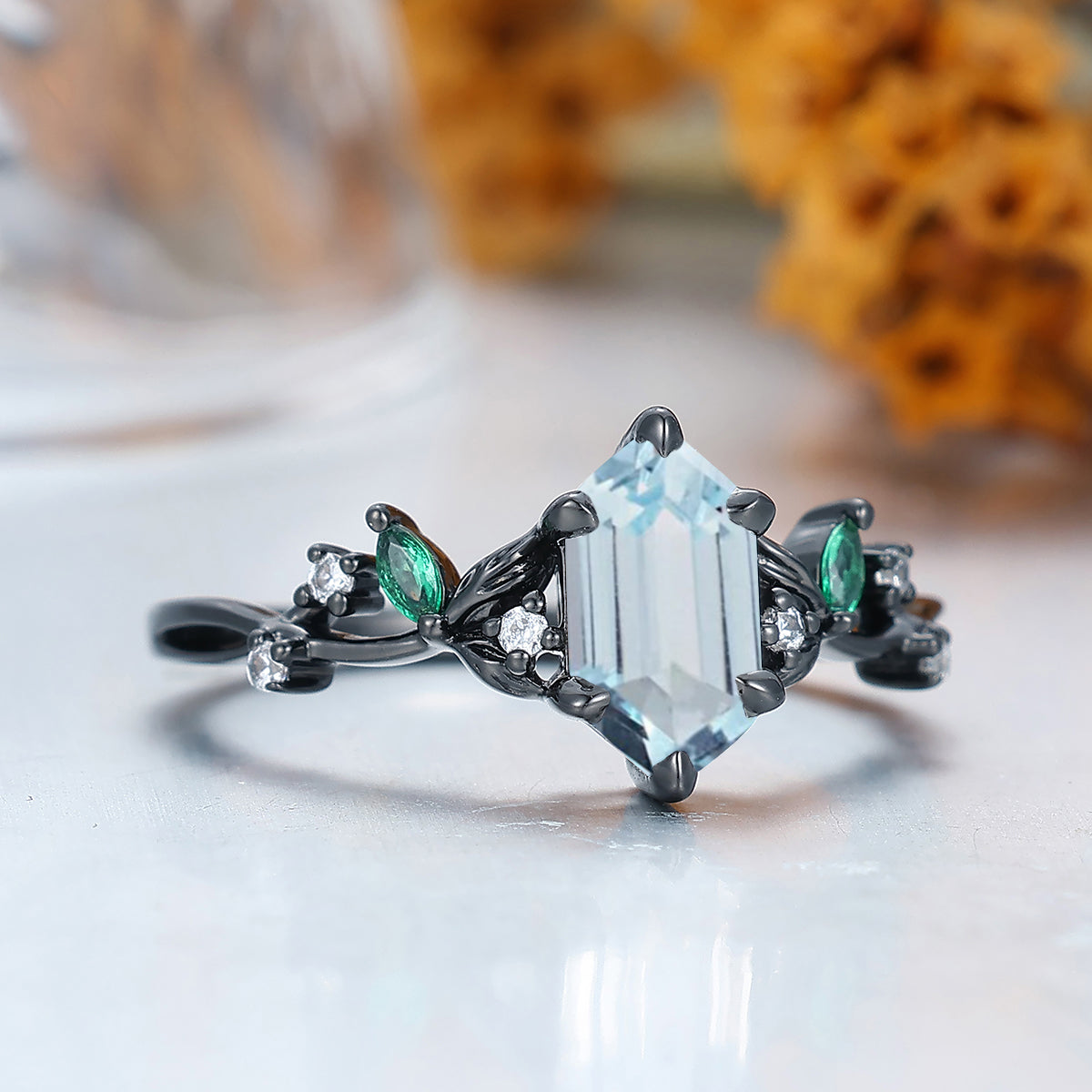 Art Deco Long Hexagon Cut Aquamarine Engagement Ring Leaf Twig Women Fine Ring