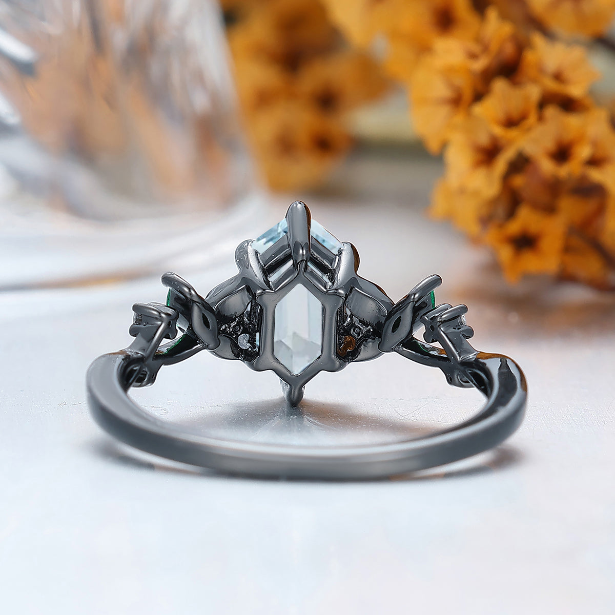 Art Deco Long Hexagon Cut Aquamarine Engagement Ring Leaf Twig Women Fine Ring