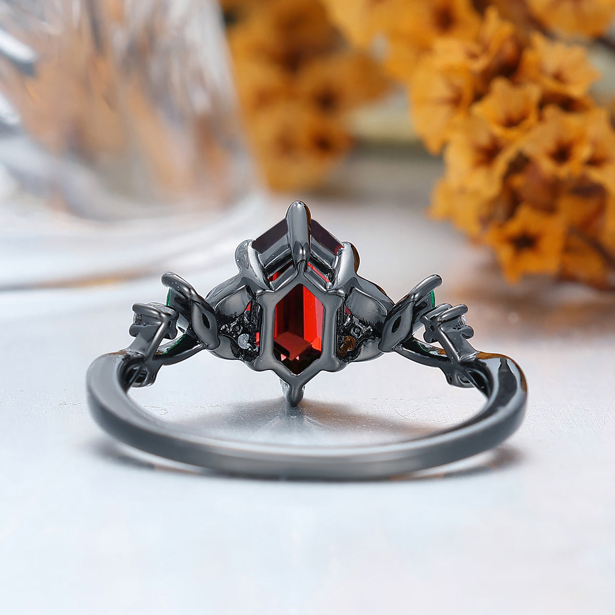 Unique 1.1 CT Long Hexagon Cut  Red Garnet Art Deco Leaf Gold & 925 Sliver Engagement Ring