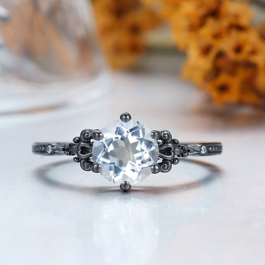 Engraved Floral Round Cut Aquamarine Engagement Ring Unique Black Plated Solid Gold Bridal Ring