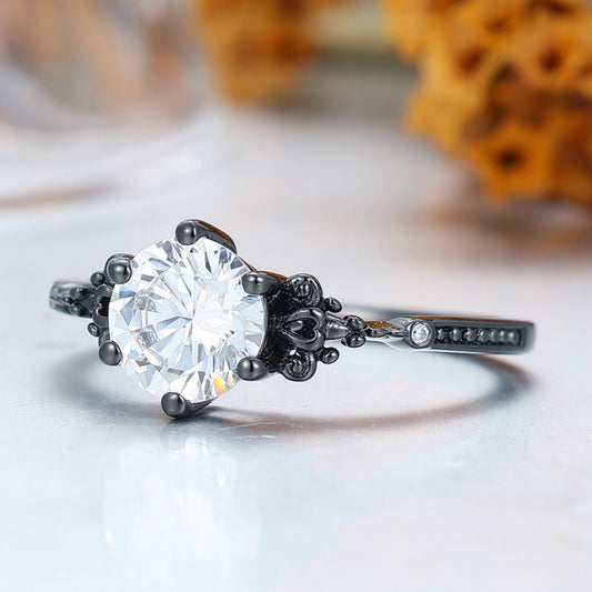 Retro Round Cut Moissanite Leaves Engagement Ring Women Fine Ring Bridal Ring