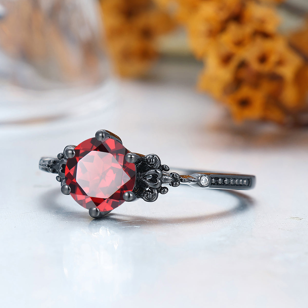 Retro Round Cut S925 Nature Red Garnet Leaves Engagement Ring Women Fine Ring Bridal Ring