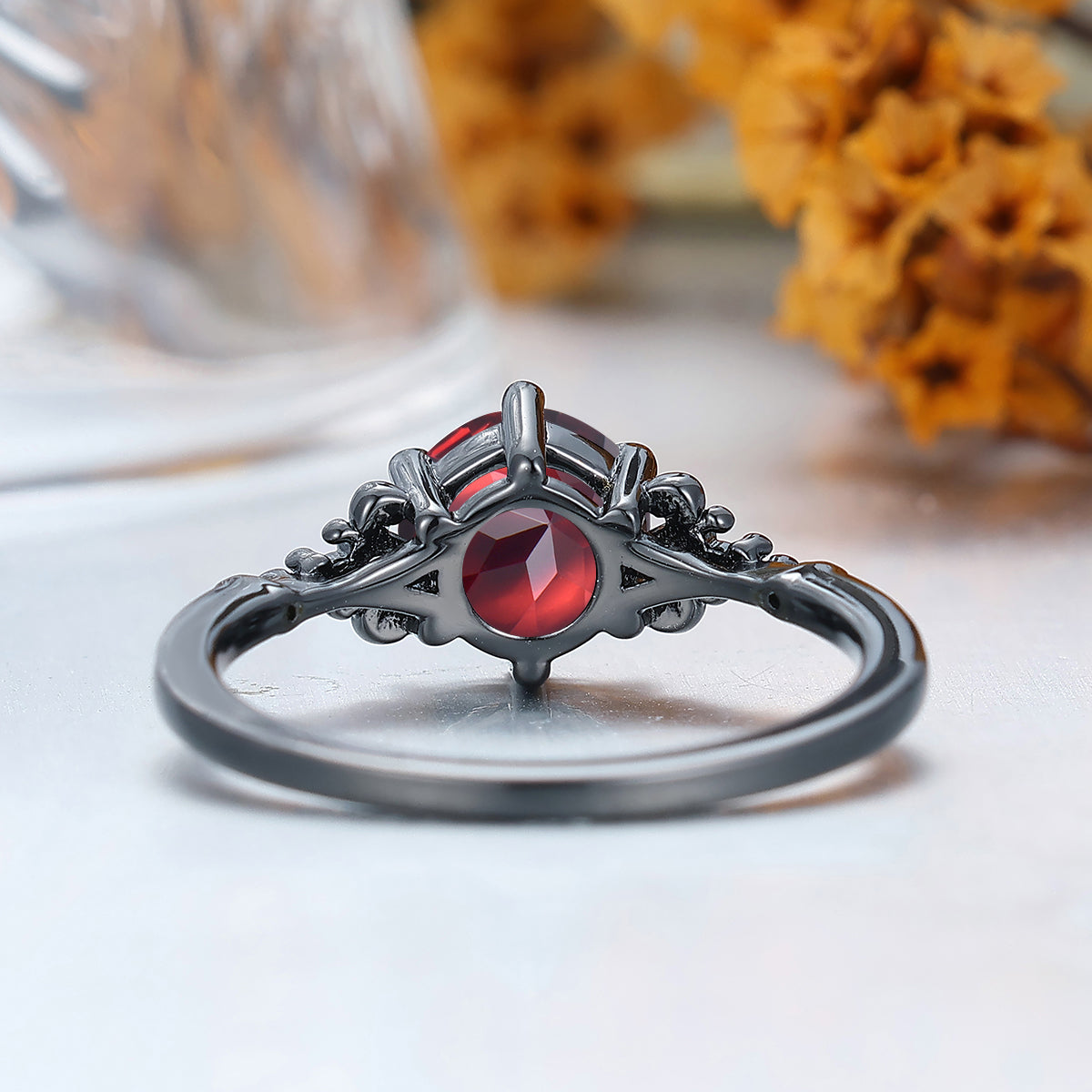 Retro Round Cut S925 Nature Red Garnet Leaves Engagement Ring Women Fine Ring Bridal Ring