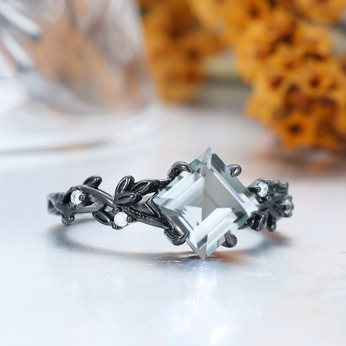 Art Deco Aquamarine Twig Engagement Ring Anniversary Bridal Ring Handmake Women Ring