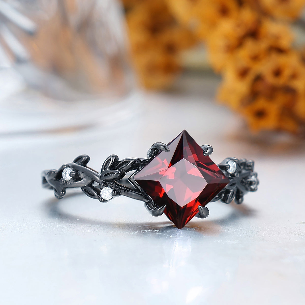2CT Princess Cut 14k Black Gold  Nature Red Garnet Engagement Leaf Ring Anniversary Bridal Ring Gift