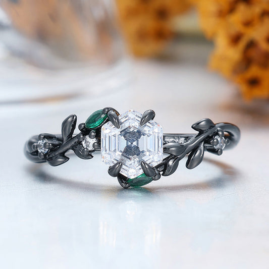 Hexagon Cut 0.85CT Moissanite Engagement Ring with Delicate Leaf Details Moissanite Rings