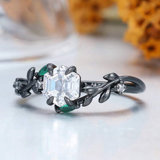 Hexagon Cut 0.85CT Moissanite Engagement Ring with Delicate Leaf Details Moissanite Rings