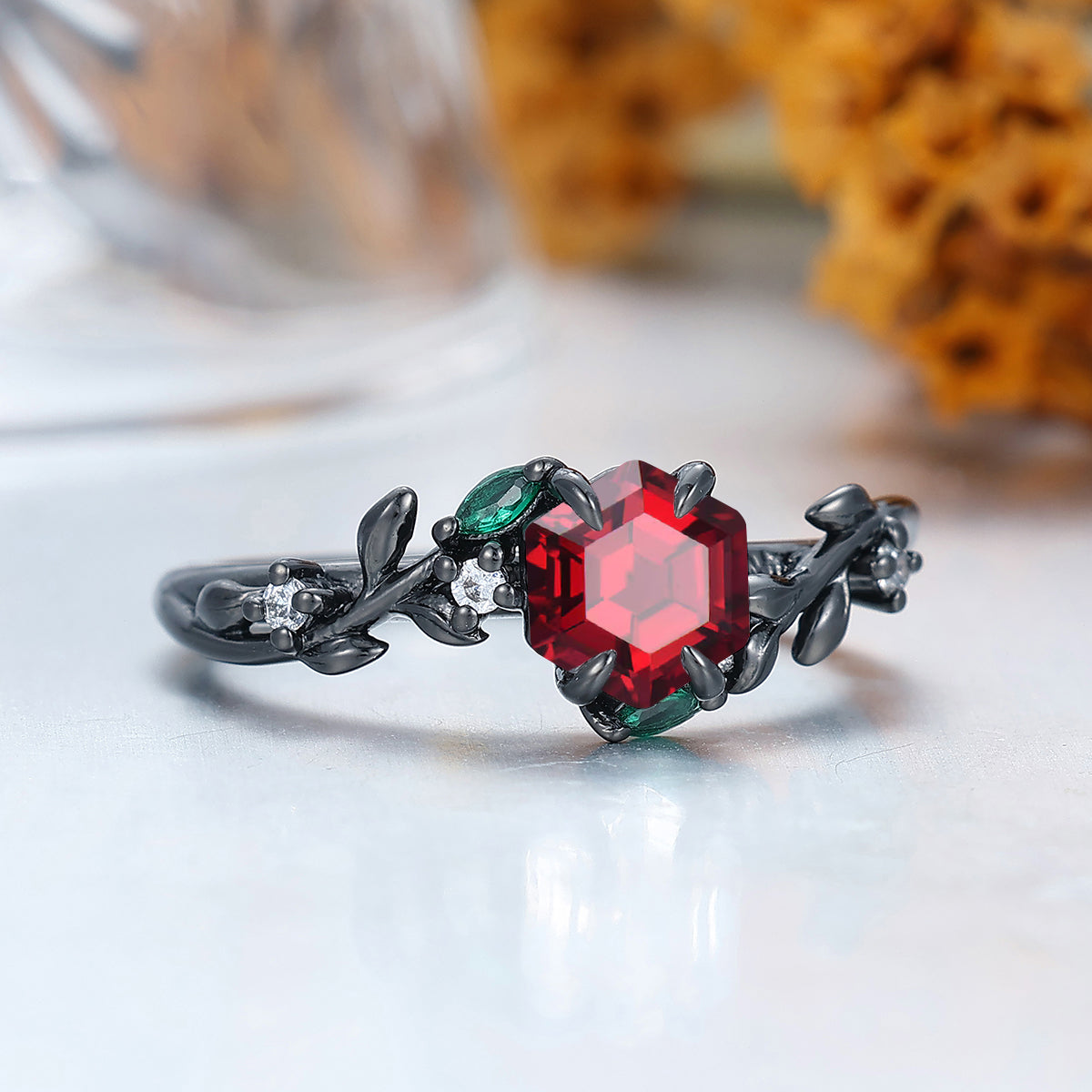 Elegant Hexagon Cut Natural Red Garnet Leaf Ring Engagement Vine Ring with Green Accents