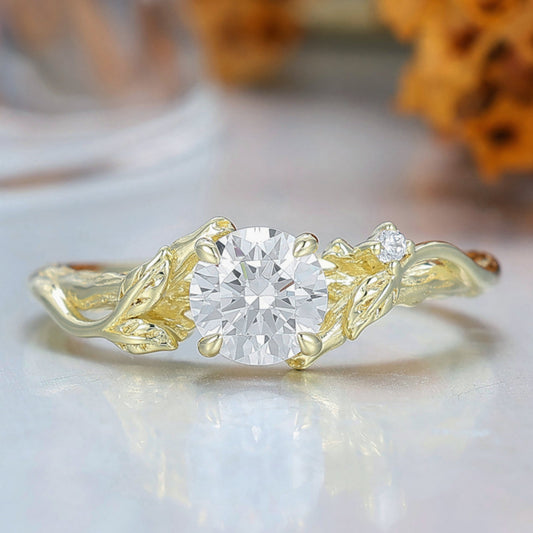 Art Deco Branch Leaf Style Round Cut Moissanite Engagement Ring 4 Prongs Anniversary Bridal Ring