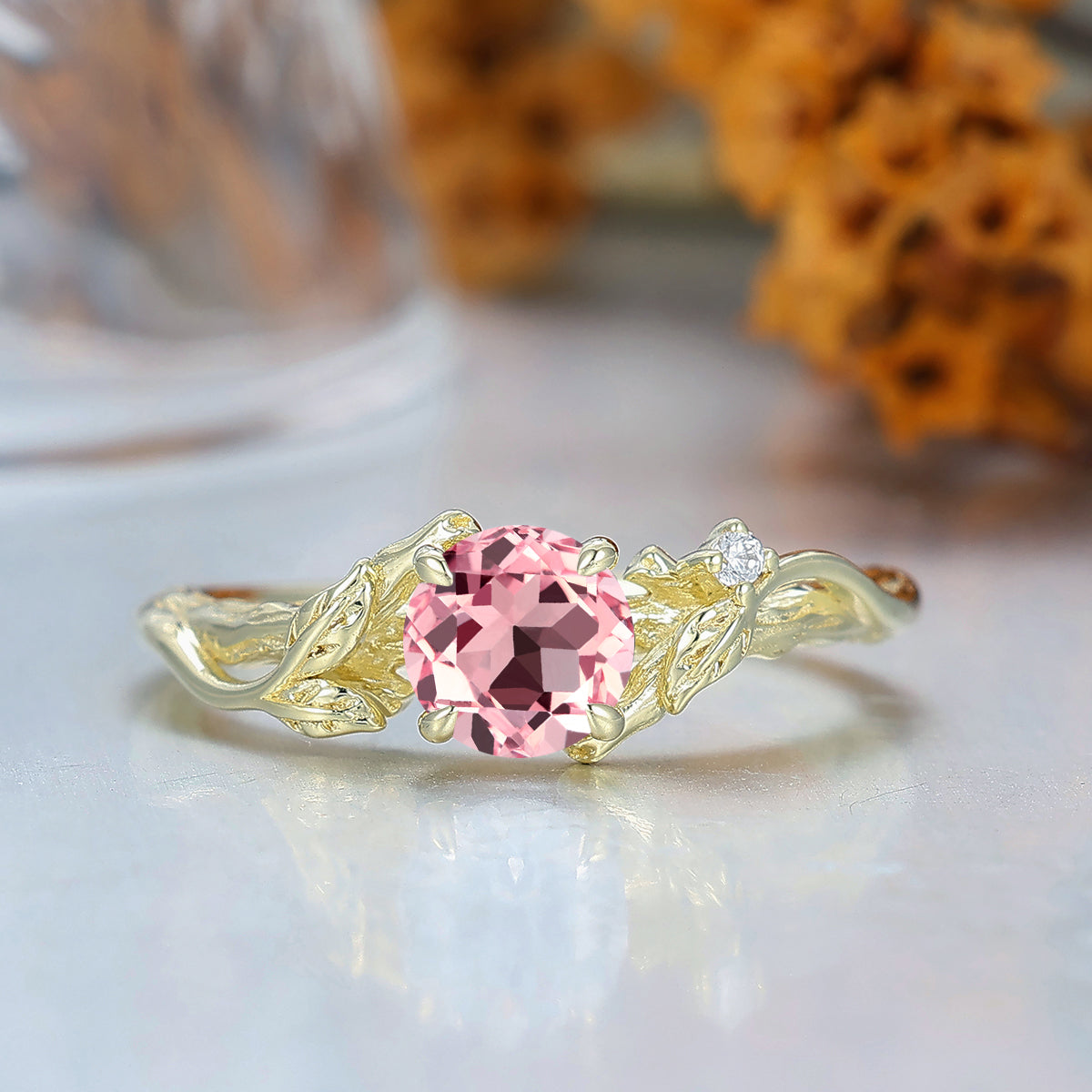 Handmade Round Morganite Leaf Engagement Ring Pink Women Fine Ring 14K Yellow Gold Bridal Ring