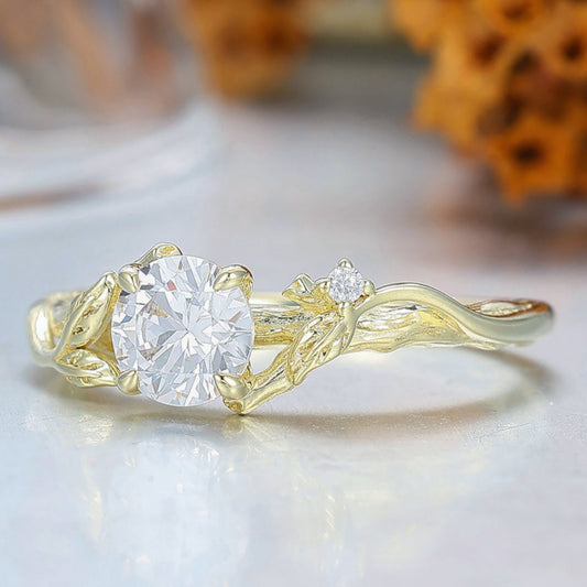 Art Deco Branch Leaf Style Round Cut Moissanite Engagement Ring 4 Prongs Anniversary Bridal Ring