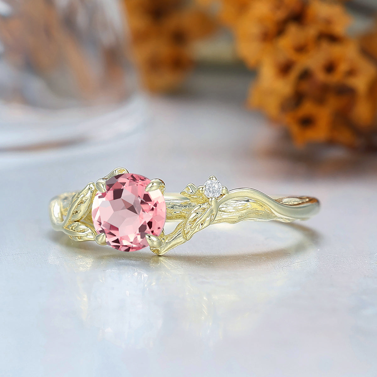 Handmade Round Morganite Leaf Engagement Ring Pink Women Fine Ring 14K Yellow Gold Bridal Ring
