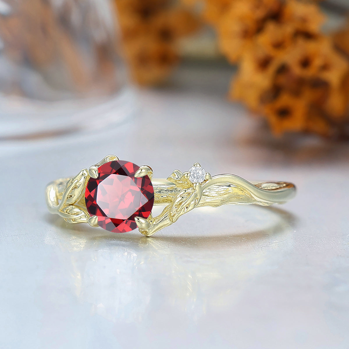 Art Deco Branch Leaf Style Round Cut S925 Ring Nature Red Garnet Engagement Ring 4 Prongs Anniversary Bridal Ring