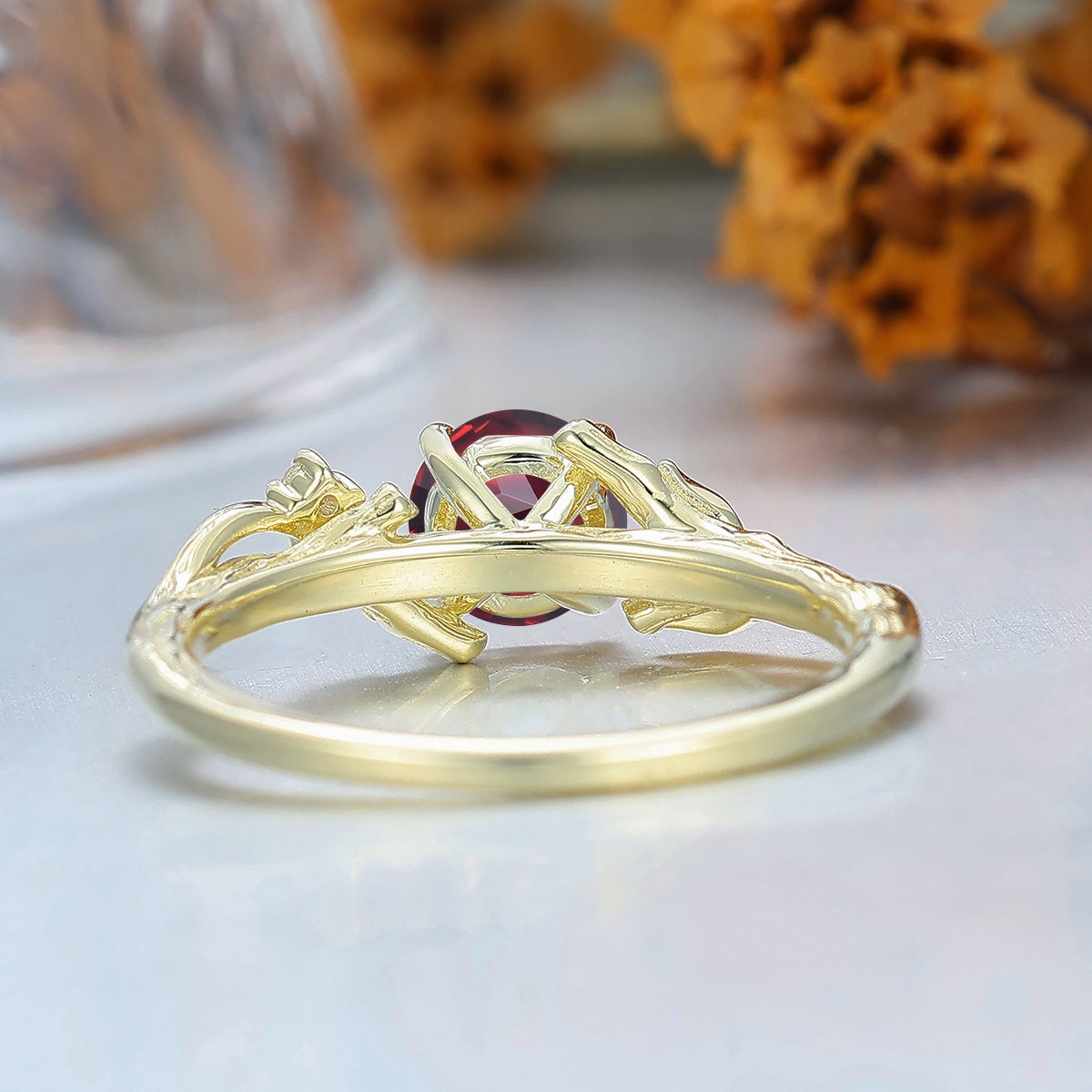 Art Deco Branch Leaf Style Round Cut S925 Ring Nature Red Garnet Engagement Ring 4 Prongs Anniversary Bridal Ring