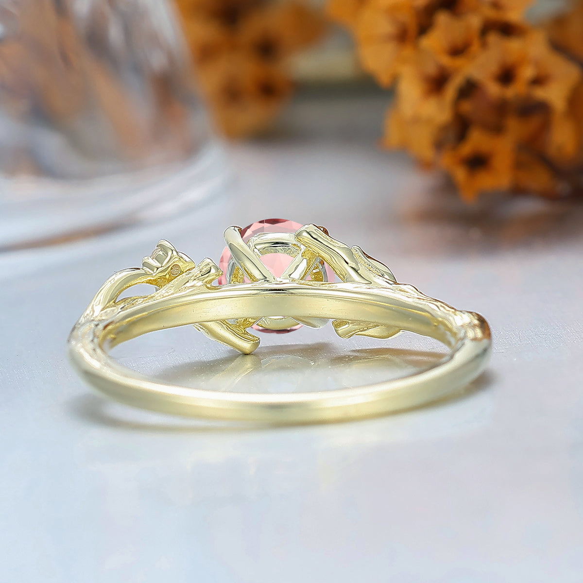 Handmade Round Morganite Leaf Engagement Ring Pink Women Fine Ring 14K Yellow Gold Bridal Ring