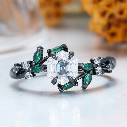 Nature-Inspired Hexagon Moissanite & Green Emerald Leaf Ring Moissanite Ring