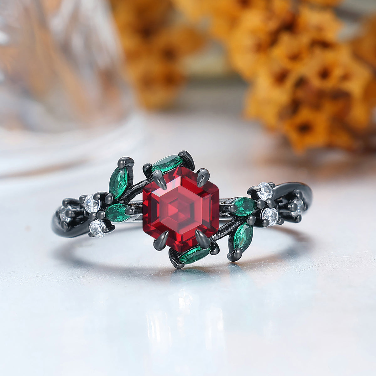 Nature-Inspired Hexagon Nature Red Garnet with Green Emerald Leaf Ring S925 Ring Available in1 0k/14k/18K Gold
