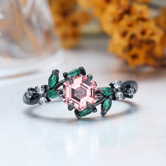 Nature Inspired Hexagon Cut Pink Morganite Engagement Ring Black Plated Women Bridal Ring