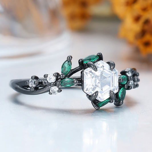 Nature-Inspired Hexagon Moissanite & Green Emerald Leaf Ring Moissanite Ring